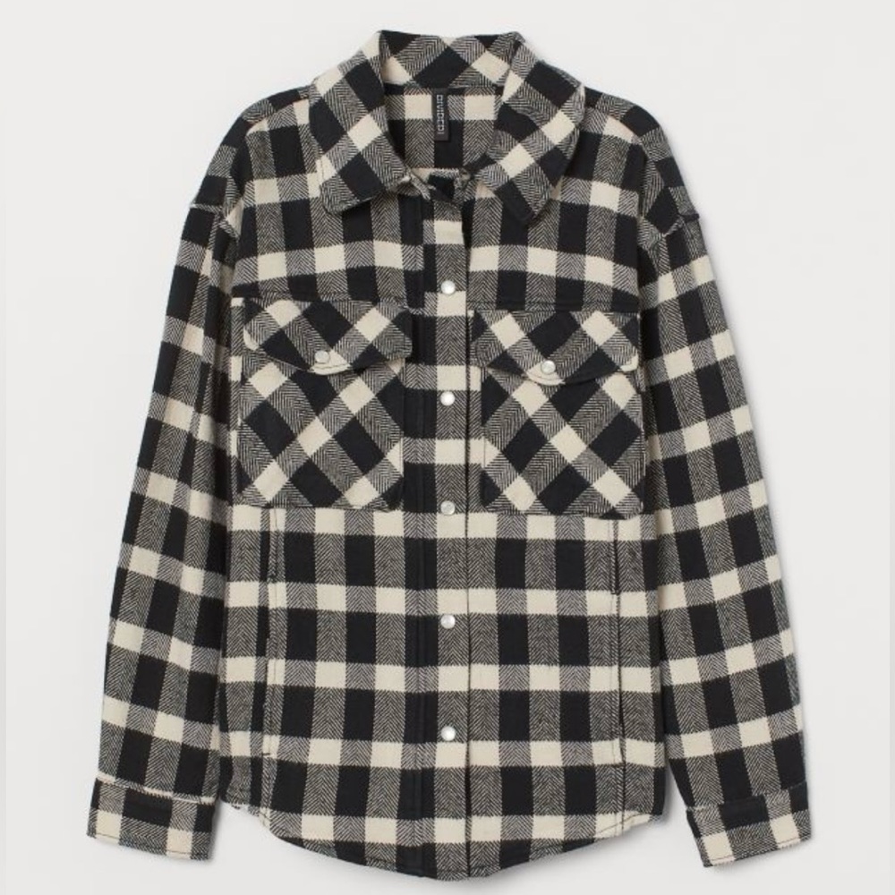 H&M— Plaid Shirt Jacket, Black & Off-White/Cream Checked, size Large